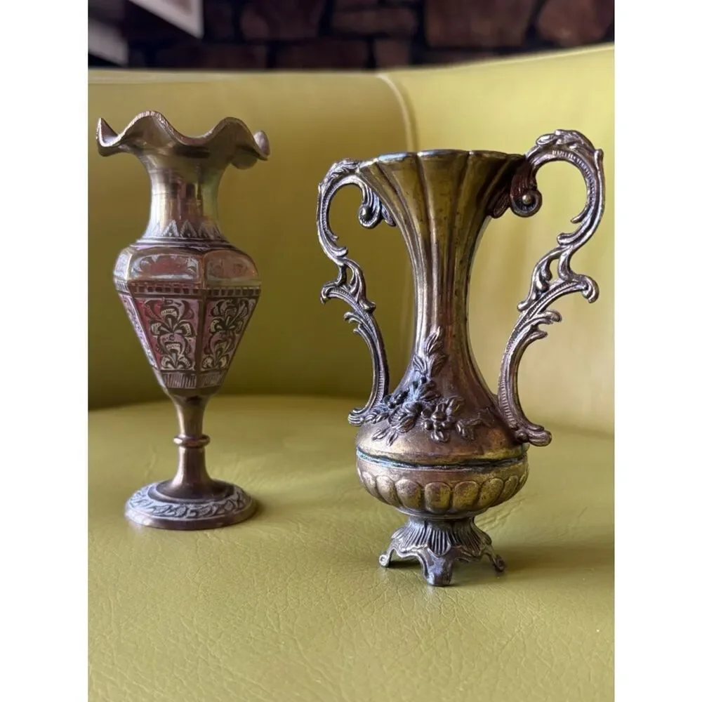 Vintage Brass Mini Vase Set Italy & India Ornate Floral Etched Bud Vases